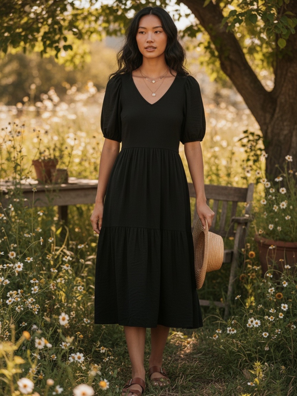 Nation LTD Geri Midi Dress M Black Tiered Puff Sleeve Cottage Casual Chic